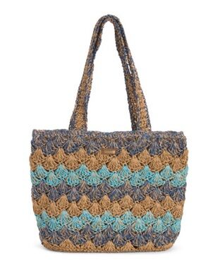 Sun and sand Crochet Straw Tote Bag in Blue Tan & Aqua